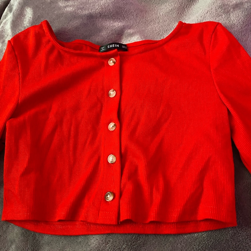 SHEIN Red Cropped Button Top